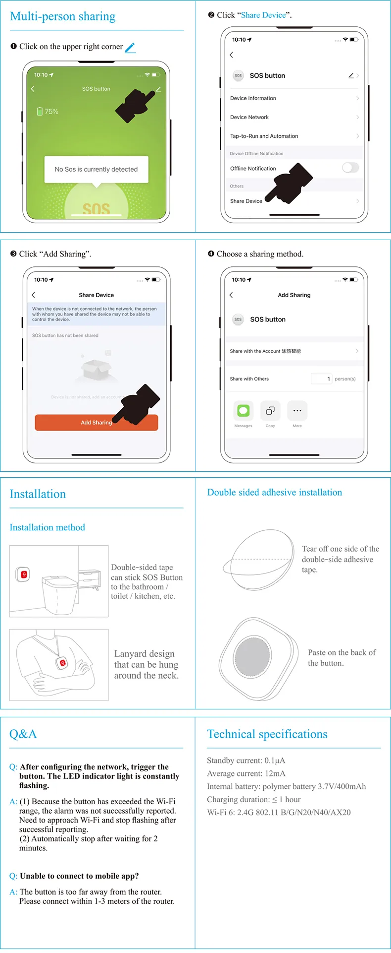 CF101W Tuya WiFi Emergency Alarm Button Rechargeable Elderly Emergency Panic Button Old Man Personal Self-help Smart APP Push
