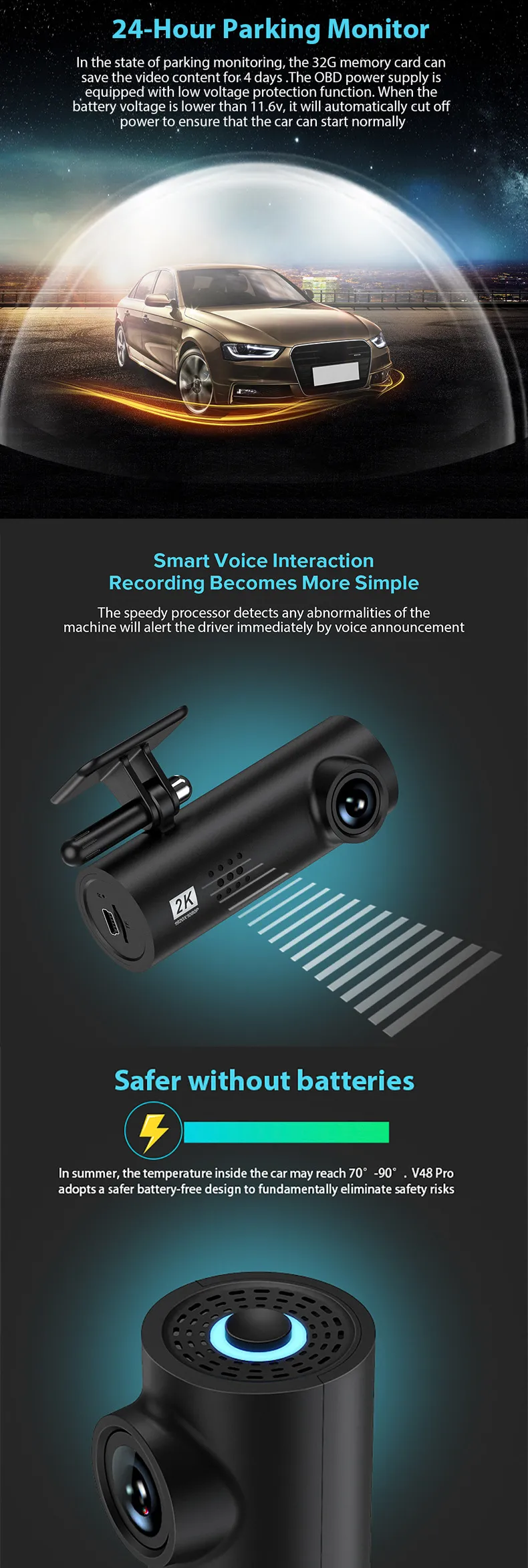 Car Driving Recorder Front & Rear Dual Camera WiFi Night Vision HD 1080P Car DVR Camera with 24H Parking Monitoring