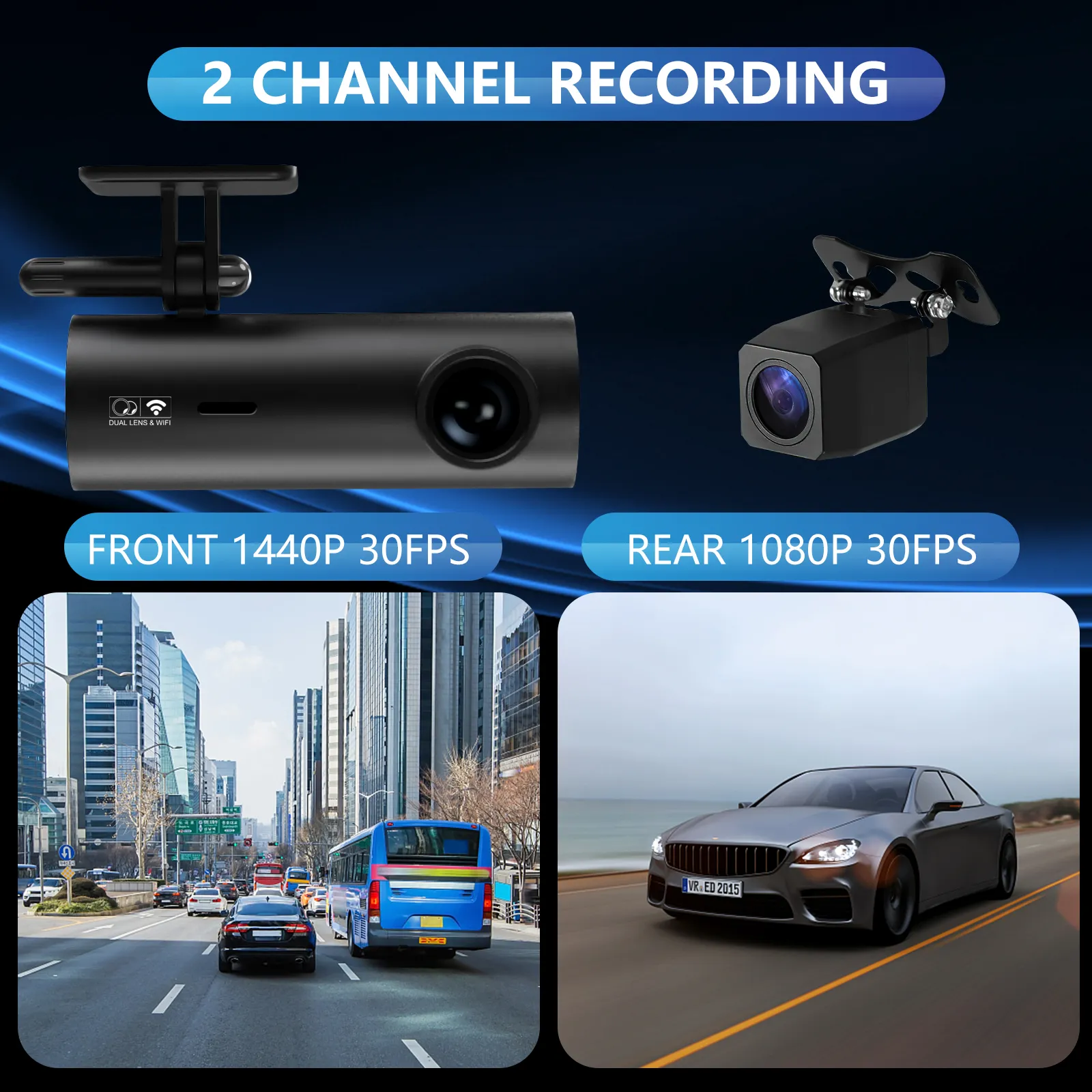 Car Driving Recorder Front & Rear Dual Camera WiFi Night Vision HD 1080P Car DVR Camera with 24H Parking Monitoring