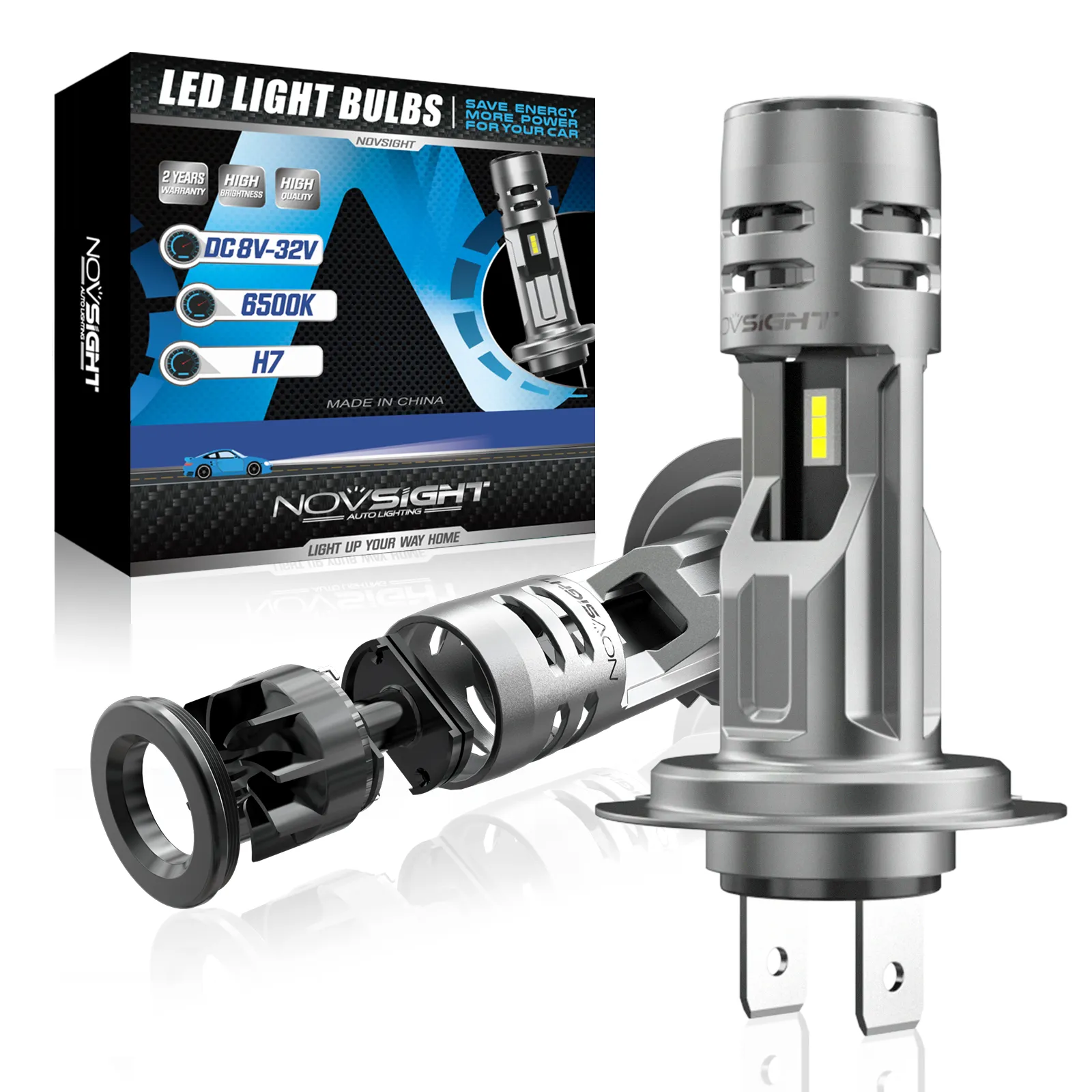 NOVSIGHT A500-N58-H7 2PCS Car LED Front Headlights Bulbs 6500K LED Headlamp Waterproof For All Cars With H7 Type Bulbs