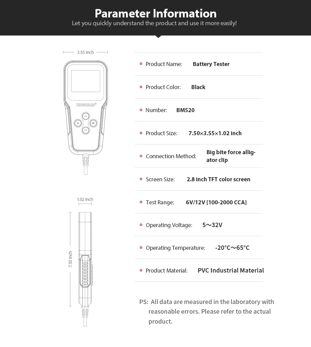 KINGBOLEN BM520 Battery Tester For Car 6V 12V 24V Batter Analyzer Multimeter Cranking Charging Ripple Test