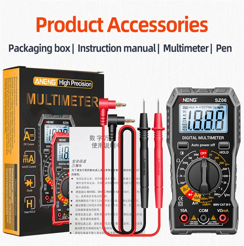 ANENG SZ06 Digital Multimeter High Accuracy DC AC Voltage Current Resistance Tester Auto Shutdown 2000 Max Count Backlit Screen ANENG SZ06 Digital Multimeter High Accuracy DC AC Voltage Current Resistance Tester Auto Shutdown 2000 Max Count Backlit Screen
