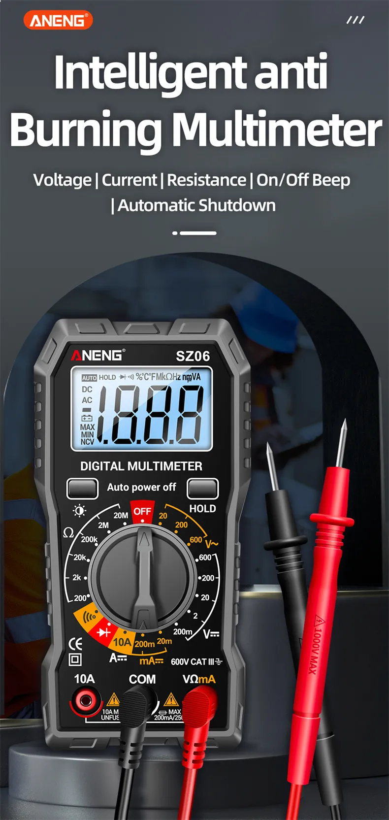 ANENG SZ06 Digital Multimeter High Accuracy DC AC Voltage Current Resistance Tester Auto Shutdown 2000 Max Count Backlit Screen ANENG SZ06 Digital Multimeter High Accuracy DC AC Voltage Current Resistance Tester Auto Shutdown 2000 Max Count Backlit Screen