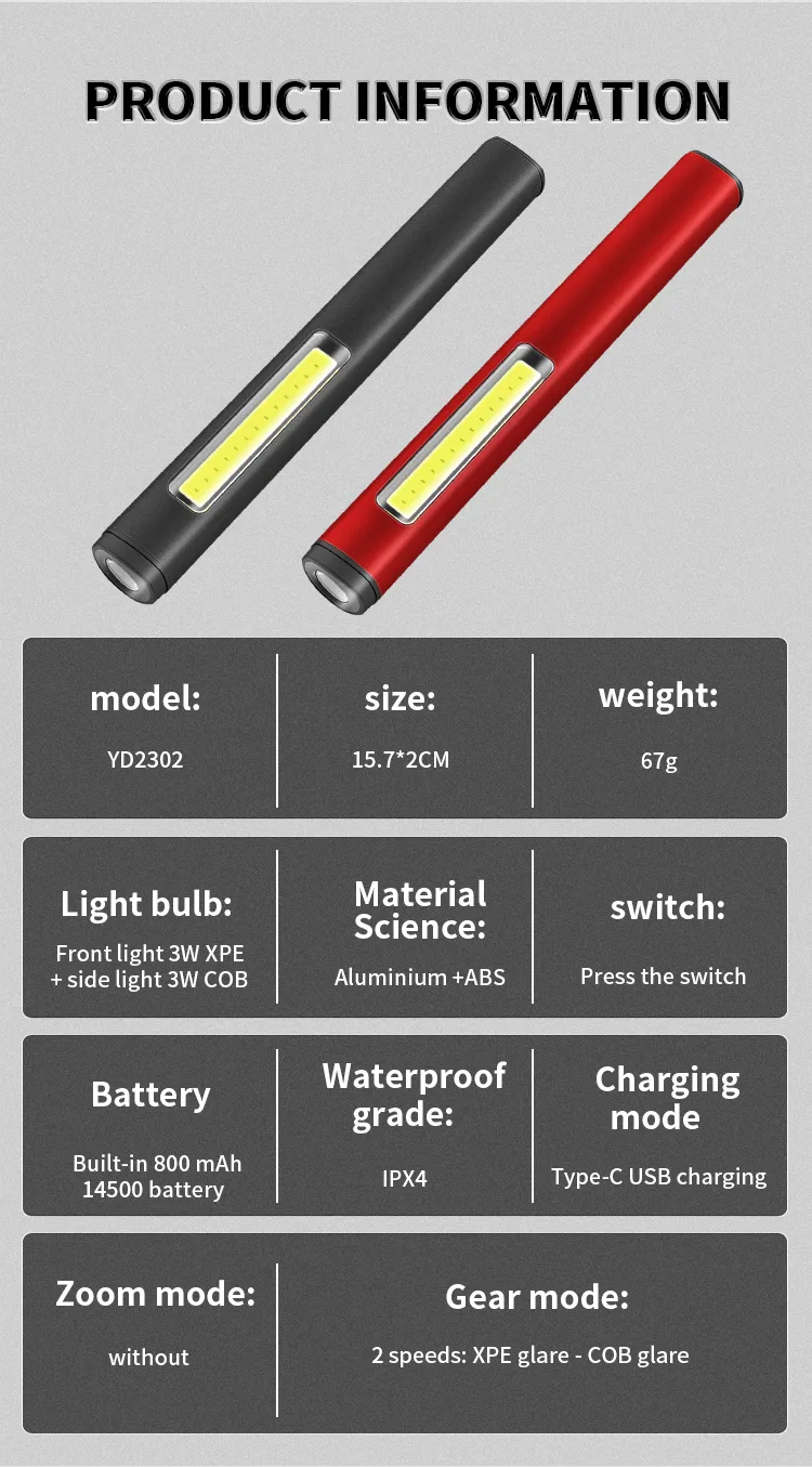 Outdoor Compact and Portable Aluminum Alloy XPE+COB Rechargeable Pen Light Work Lamp Keychain Light