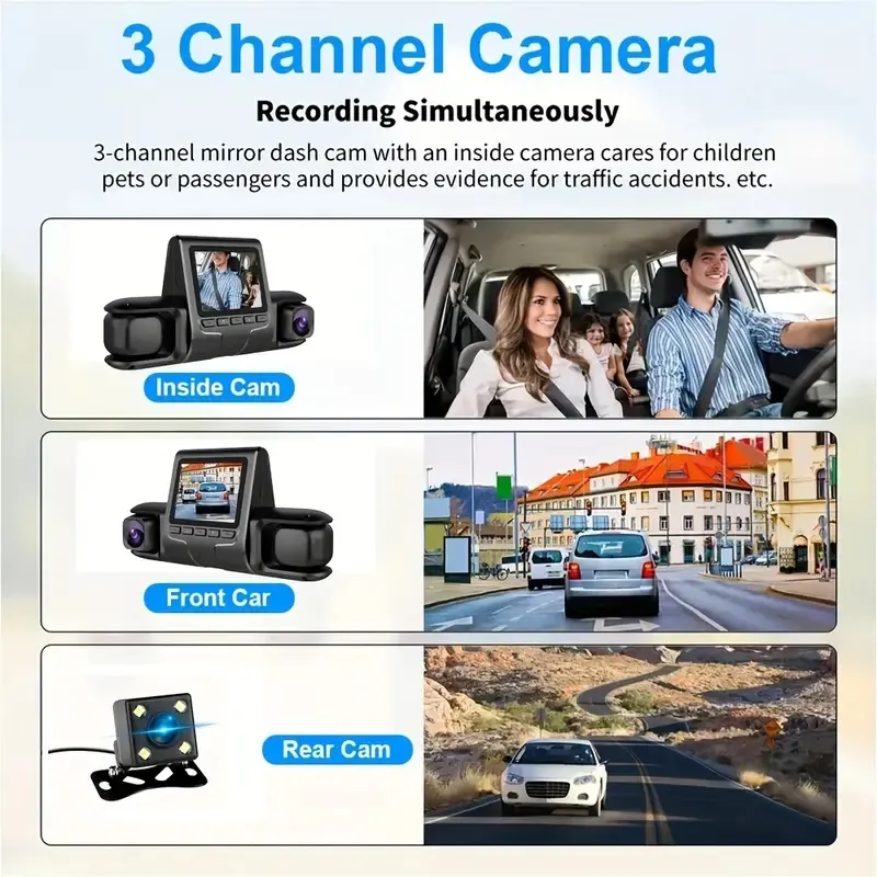 1080P Triple Lens Car Dash Cam Dashcam Front Inside & Rear HD Car DVR 120° Angle Loop Recording Gravity Sensor