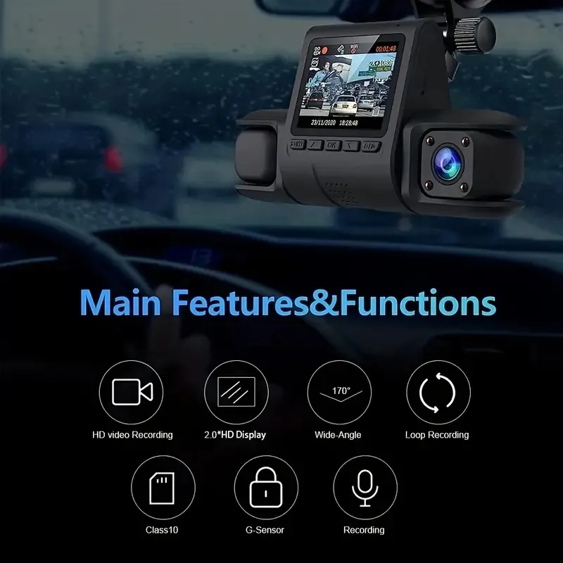 1080P Triple Lens Car Dash Cam Dashcam Front Inside & Rear HD Car DVR 120° Angle Loop Recording Gravity Sensor
