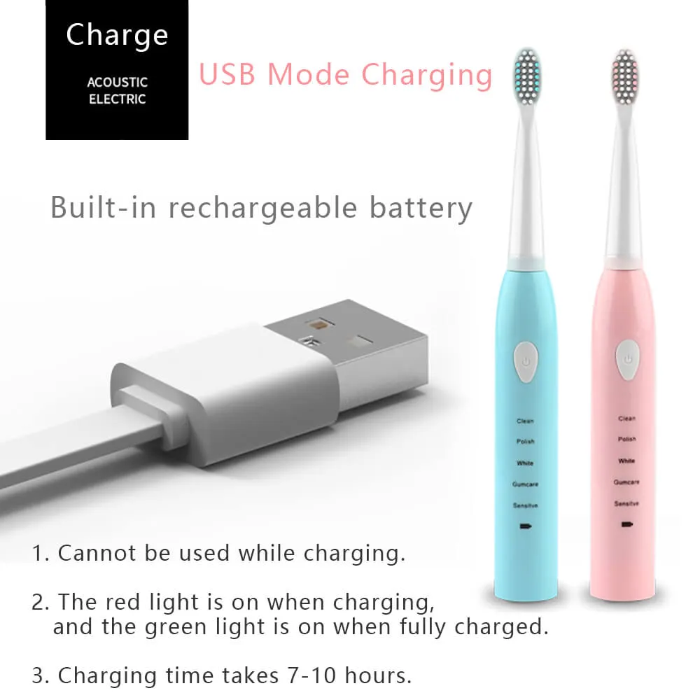 IPX7 Ultrasonic Electric Toothbrush 5 Modes USB Rechargeable Sonic Automatic Teeth Cleaner with 4 Brush Heads
