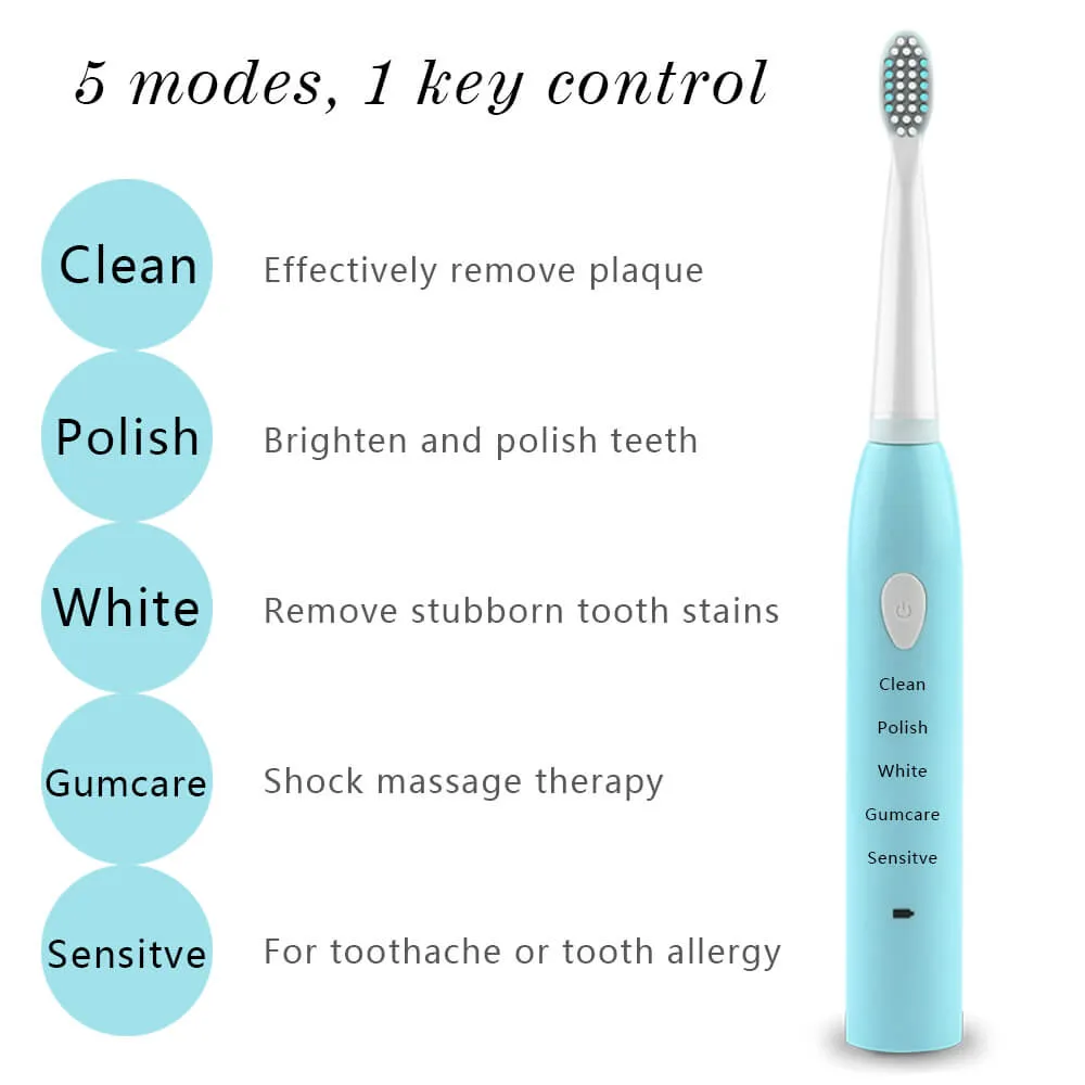 IPX7 Ultrasonic Electric Toothbrush 5 Modes USB Rechargeable Sonic Automatic Teeth Cleaner with 4 Brush Heads