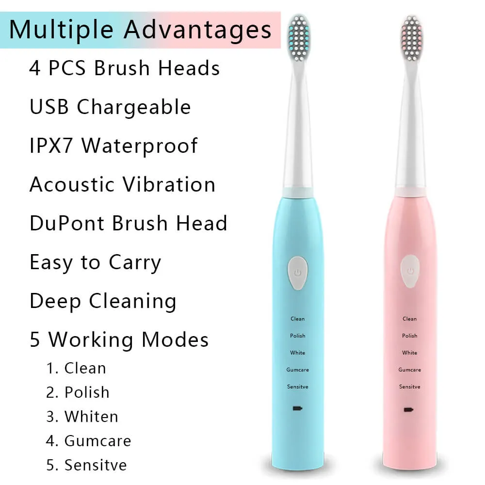 IPX7 Ultrasonic Electric Toothbrush 5 Modes USB Rechargeable Sonic Automatic Teeth Cleaner with 4 Brush Heads