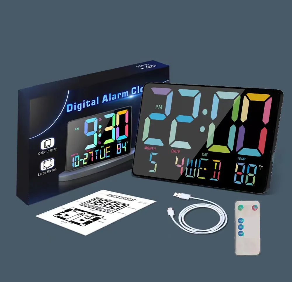 AGSIVO Large Rainbow LED Digital Alarm Clock Wall Clock with Remote Control / Calendar / Temperature / Snooze / Dimming Brightness for Bedroom Living Room Classroom Farmhouse