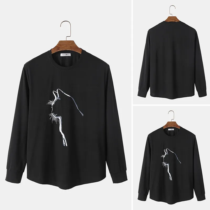 ChArmkpR Mens Cat Graphic Crew Neck Curved Hem Long Sleeve T-Shirts ChArmkpR Mens Cat Graphic Crew Neck Curved Hem Long Sleeve T-Shirts