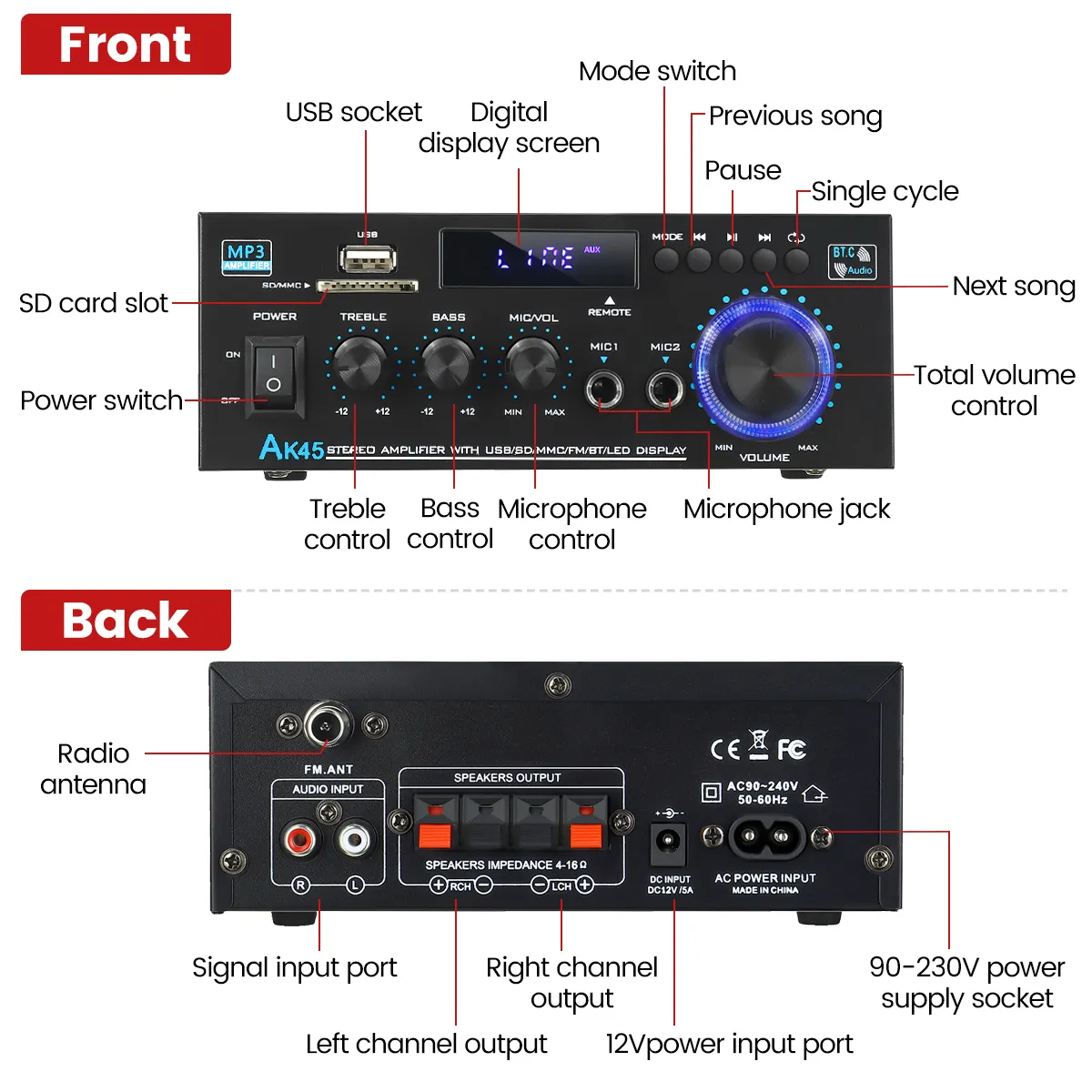 AK45 Power Amplifier bluetooth HiFi Digital Amplifier Max Power 90Wx2 Channel 2.0 Surround Sound AMP Speaker for Home Car AK45 Power Amplifier bluetooth HiFi Digital Amplifier Max Power 90Wx2 Channel 2.0 Surround Sound AMP Speaker for Home Car