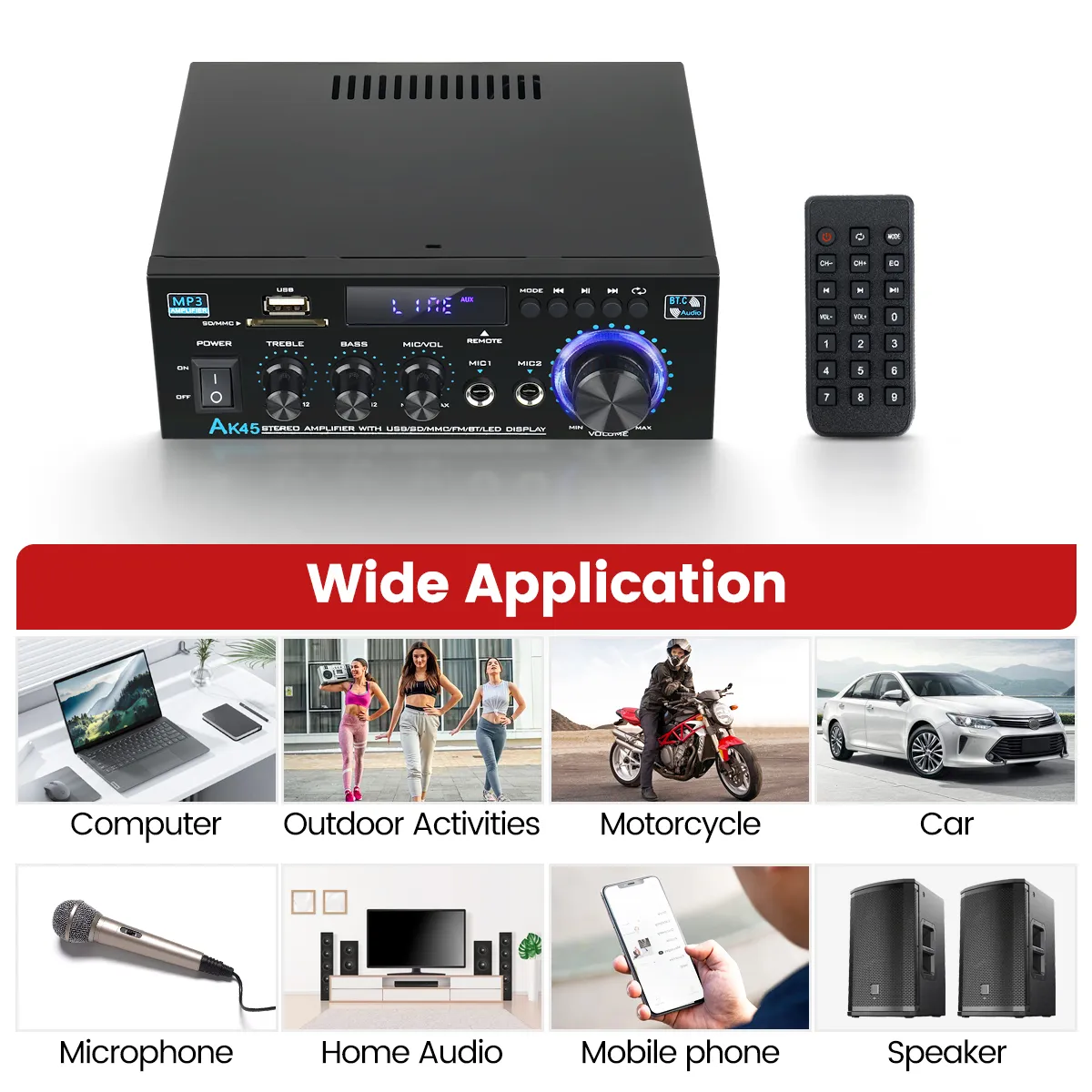 AK45 Power Amplifier bluetooth HiFi Digital Amplifier Max Power 90Wx2 Channel 2.0 Surround Sound AMP Speaker for Home Car AK45 Power Amplifier bluetooth HiFi Digital Amplifier Max Power 90Wx2 Channel 2.0 Surround Sound AMP Speaker for Home Car