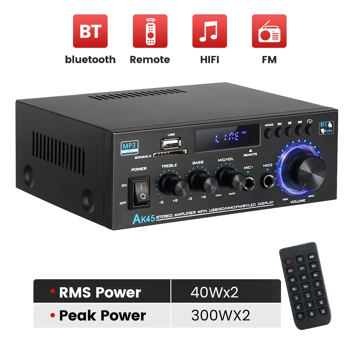 AK45 Power Amplifier bluetooth HiFi Digital Amplifier Max Power 90Wx2 Channel 2.0 Surround Sound AMP Speaker for Home Car AK45 Power Amplifier bluetooth HiFi Digital Amplifier Max Power 90Wx2 Channel 2.0 Surround Sound AMP Speaker for Home Car