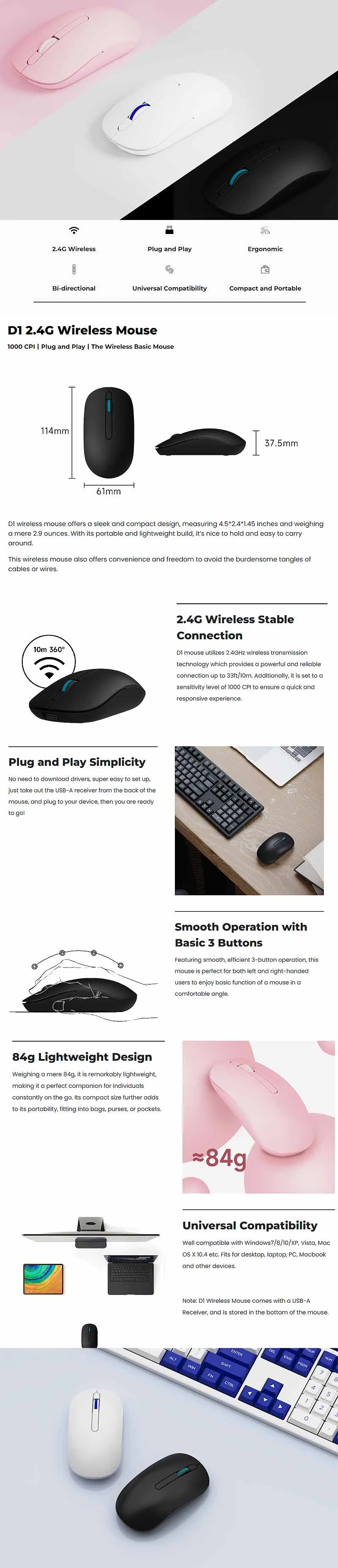 MONSGEEK D1 2.4G Wireless Gamer Mouse 1000CPI Bi-directional Ergonomics Gaming Mice for Desktop Computer Laptop PC