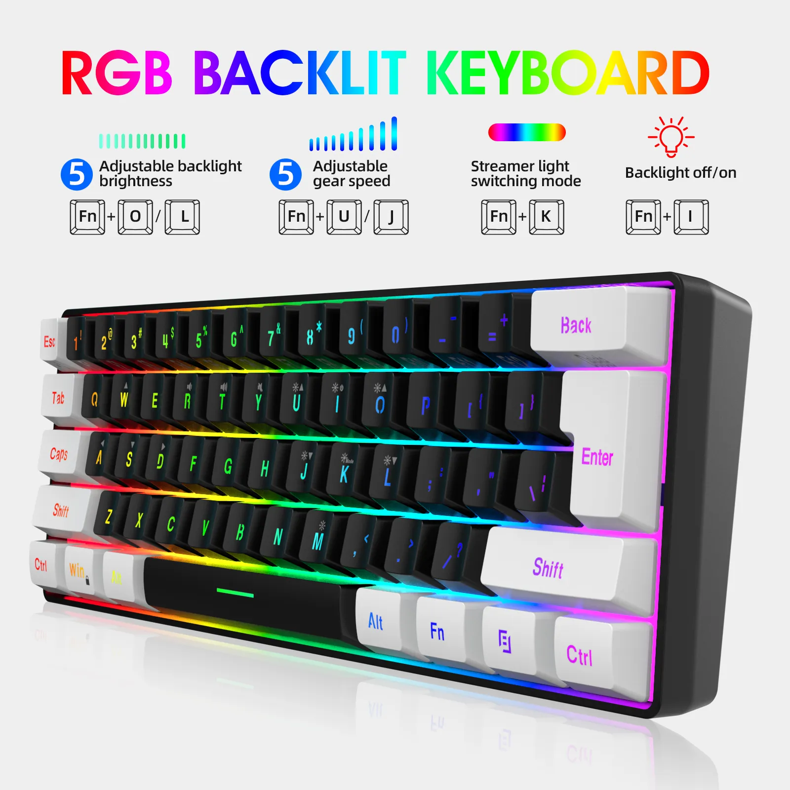 HXSJ Wired Keyboard and Mouse Set 61 Keys Gaming Keyboard 7 Colours backlight 4 DPI Stages White/Black Mouse HXSJ Wired Keyboard and Mouse Set 61 Keys Gaming Keyboard 7 Colours backlight 4 DPI Stages White/Black Mouse