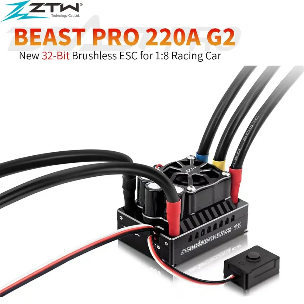 ZTW 32-Bit Beast PRO 220A ESC G2 Turbo 6V/7.4V BEC 10A Brushless Speed Controller for 1/8 RC Racng Car Off-road On-road Vehicles Model Parts