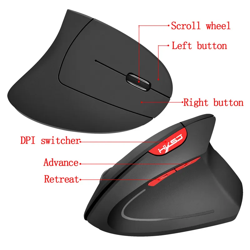 HXSJ T24 2.4G Wireless Vertical Mouse 800-1600-2400DPI Ergonomics 6-Keys Optical Gamer Mice for PC Laptop Computer