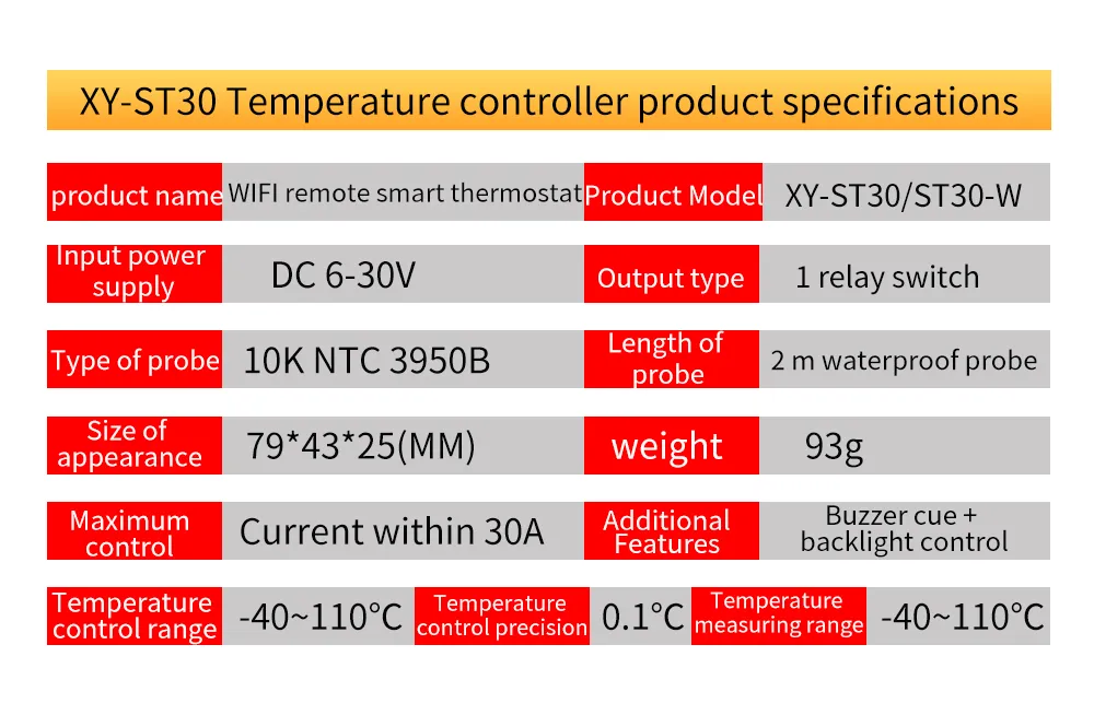 ST30/ST30-W DC6-30V 30A Remote WiFi Thermostat Temperature Controller Digital Display Thermostat ST30/ST30-W DC6-30V 30A Remote WiFi Thermostat Temperature Controller Digital Display Thermostat