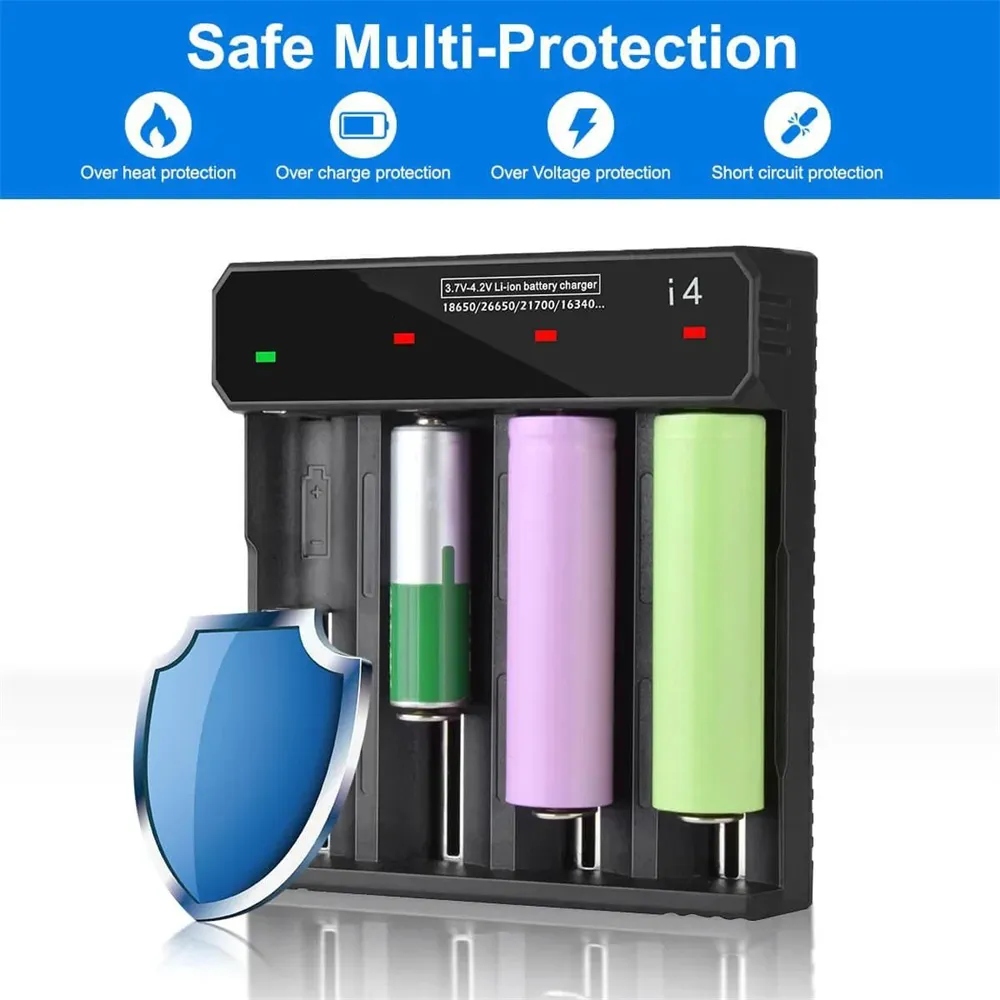 [USA Direct] I4 4-Slot with USB Type-C Port Universal Rechargeable Battery Charger Intellegent Charger for Flashlight RC Toys Home Tools Battery Charger For Li-ion 18650 21700 26650 AA AAA Batteries Cell