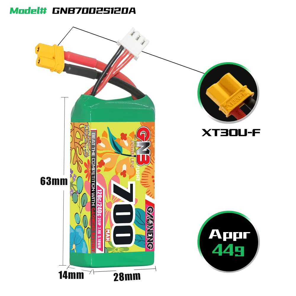 GAONENG GNB 7.4V 700mAh 120C 2S LiPo Battery XT30 Plug for Micro Mini Quadcopter FPV Racing Drone