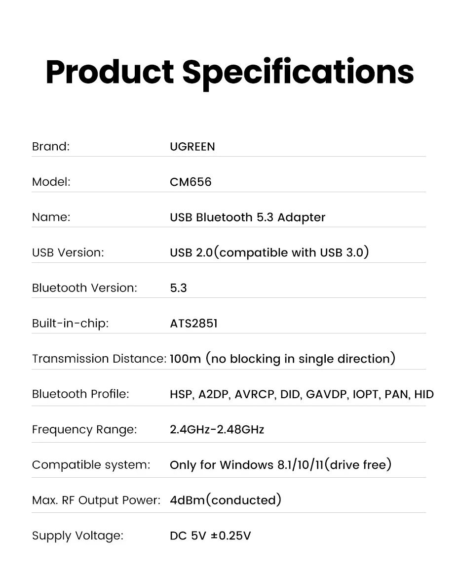UGREEN CM656 USB bluetooth 5.3 Adapter bluetooth Dongle Wireless Mouse Keyboard Music Audio Receiver Transmitter Free Driver for PC Speaker