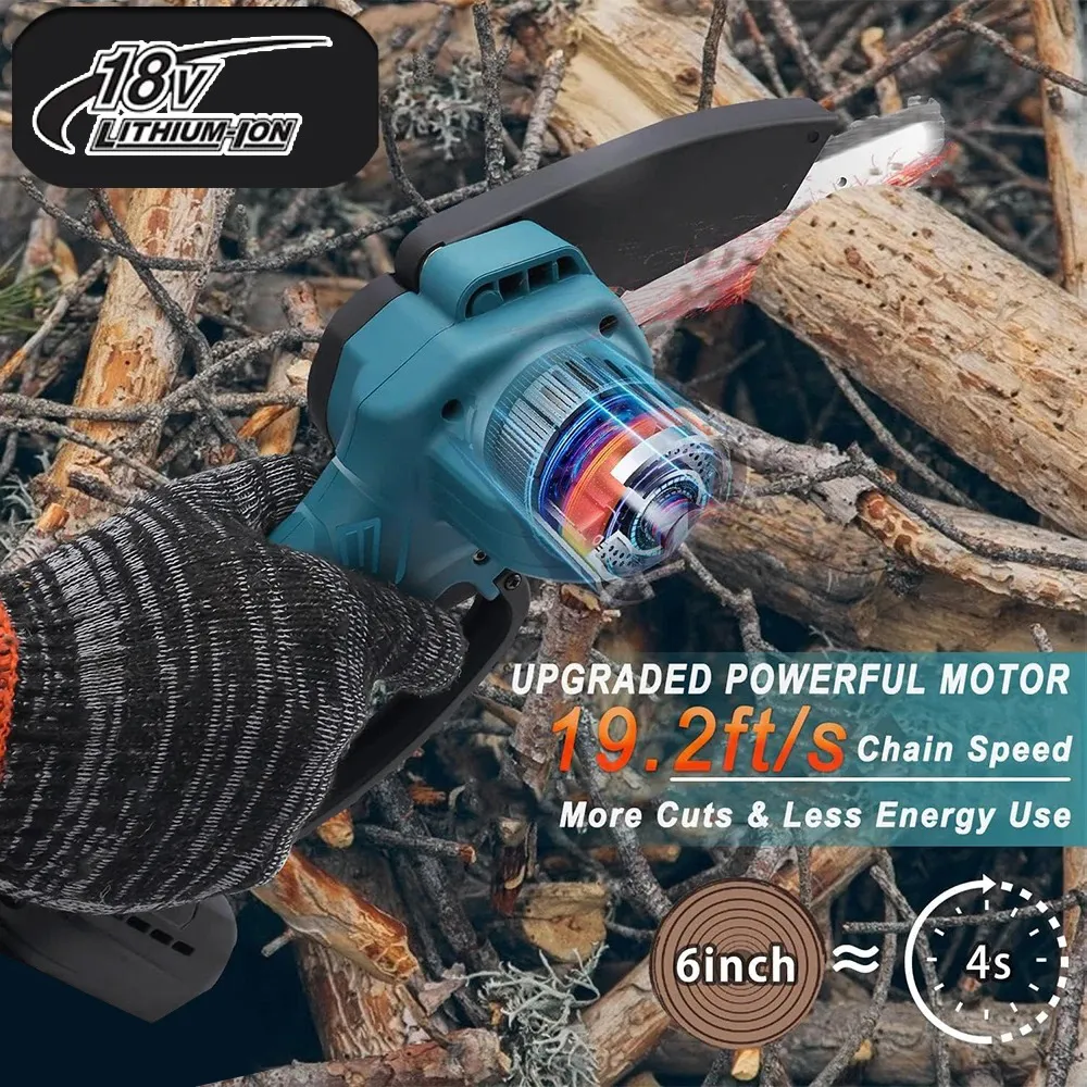 VIOLEWORKS 21V ミニチェーンソー コンパクト電動工具 純銅モーター搭載 軽量 6インチ剪定ばさみ 安全ロックと上部デフレクター付き 剪定 キャンプ 木材切断 ガーデニングに最適