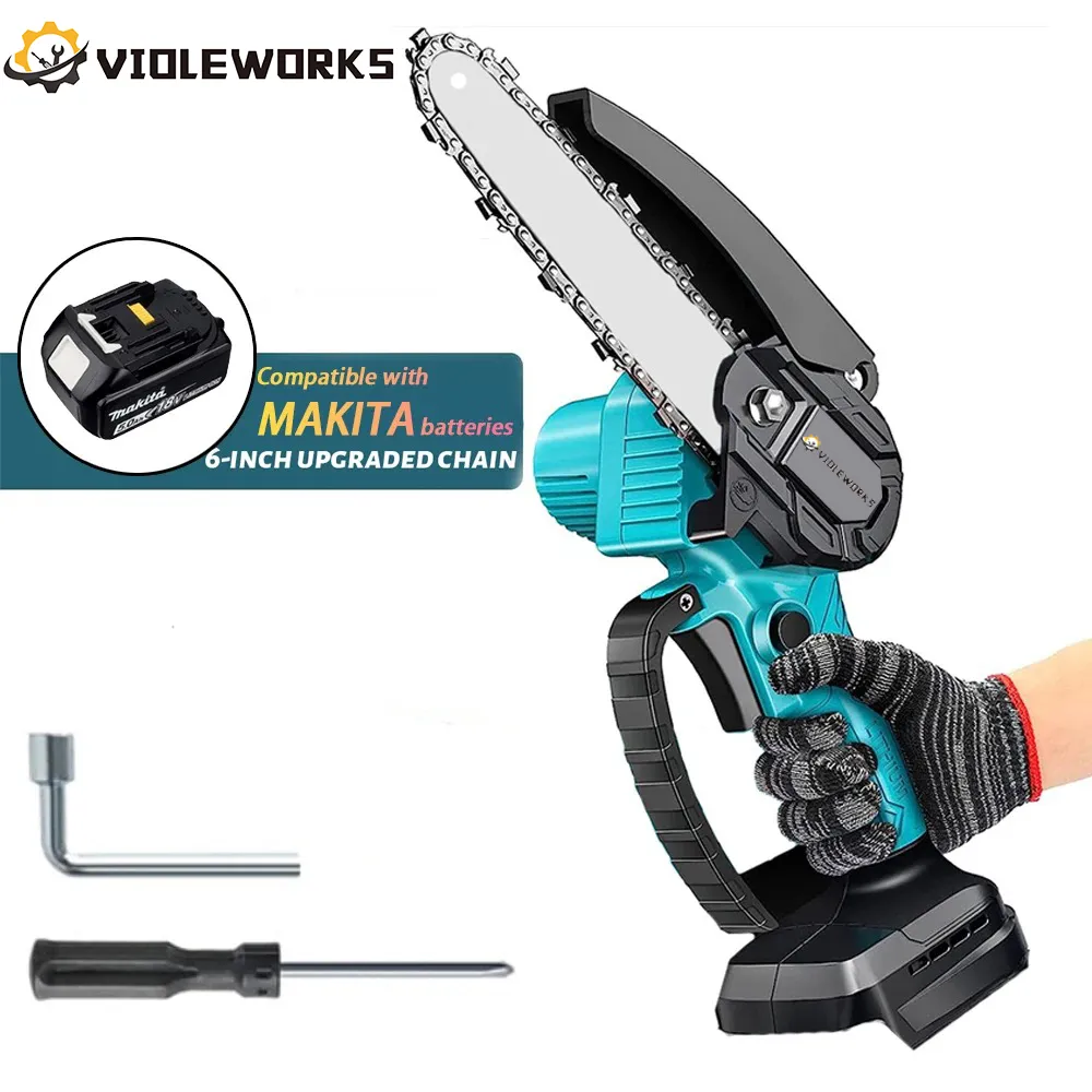 VIOLEWORKS 21V ミニチェーンソー コンパクト電動工具 純銅モーター搭載 軽量 6インチ剪定ばさみ 安全ロックと上部デフレクター付き 剪定 キャンプ 木材切断 ガーデニングに最適