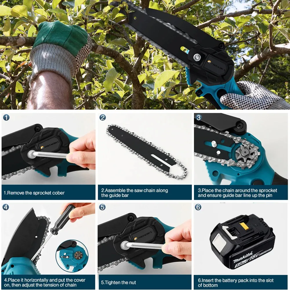 VIOLEWORKS 21V ミニチェーンソー コンパクト電動工具 純銅モーター搭載 軽量 6インチ剪定ばさみ 安全ロックと上部デフレクター付き 剪定 キャンプ 木材切断 ガーデニングに最適