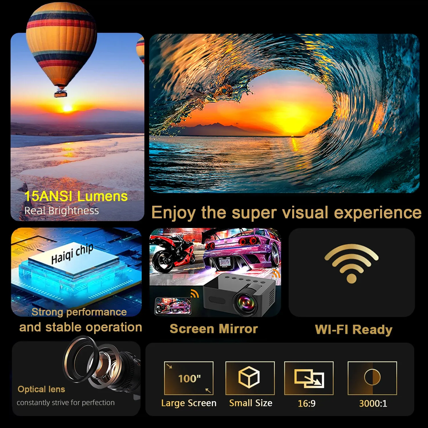 YT100 Mini Wifi Smart Portable Outdoor Projector Full HD1080P Office Home Theater Movie Wireless Same Screen Projector