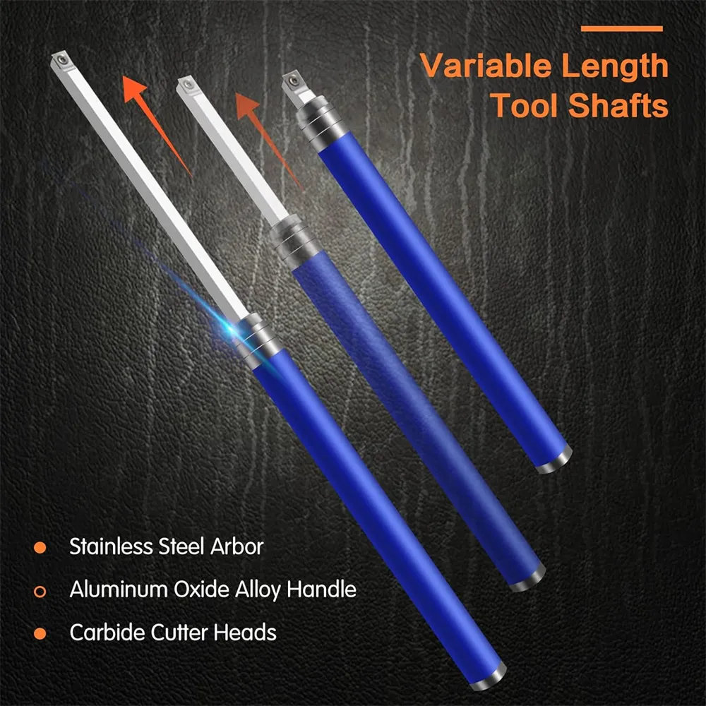 6 In 1 Carbide Tipped Wood Turning Tools Set Latest Lathe Rougher Finisher Swan Neck Hollowing Tools and Interchangeable Aluminum Alloy Grip Handle with Diamond Round Square Carbide Inserts