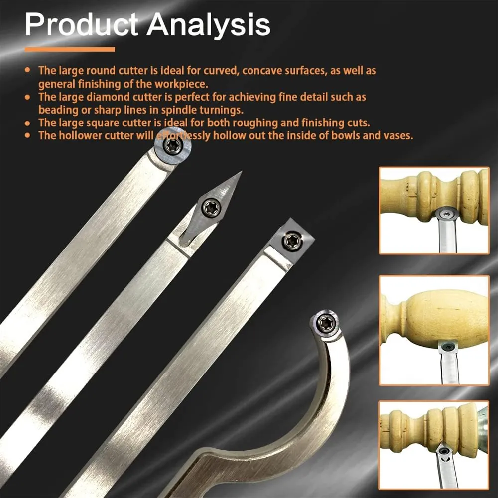6 In 1 Carbide Tipped Wood Turning Tools Set Latest Lathe Rougher Finisher Swan Neck Hollowing Tools and Interchangeable Aluminum Alloy Grip Handle with Diamond Round Square Carbide Inserts