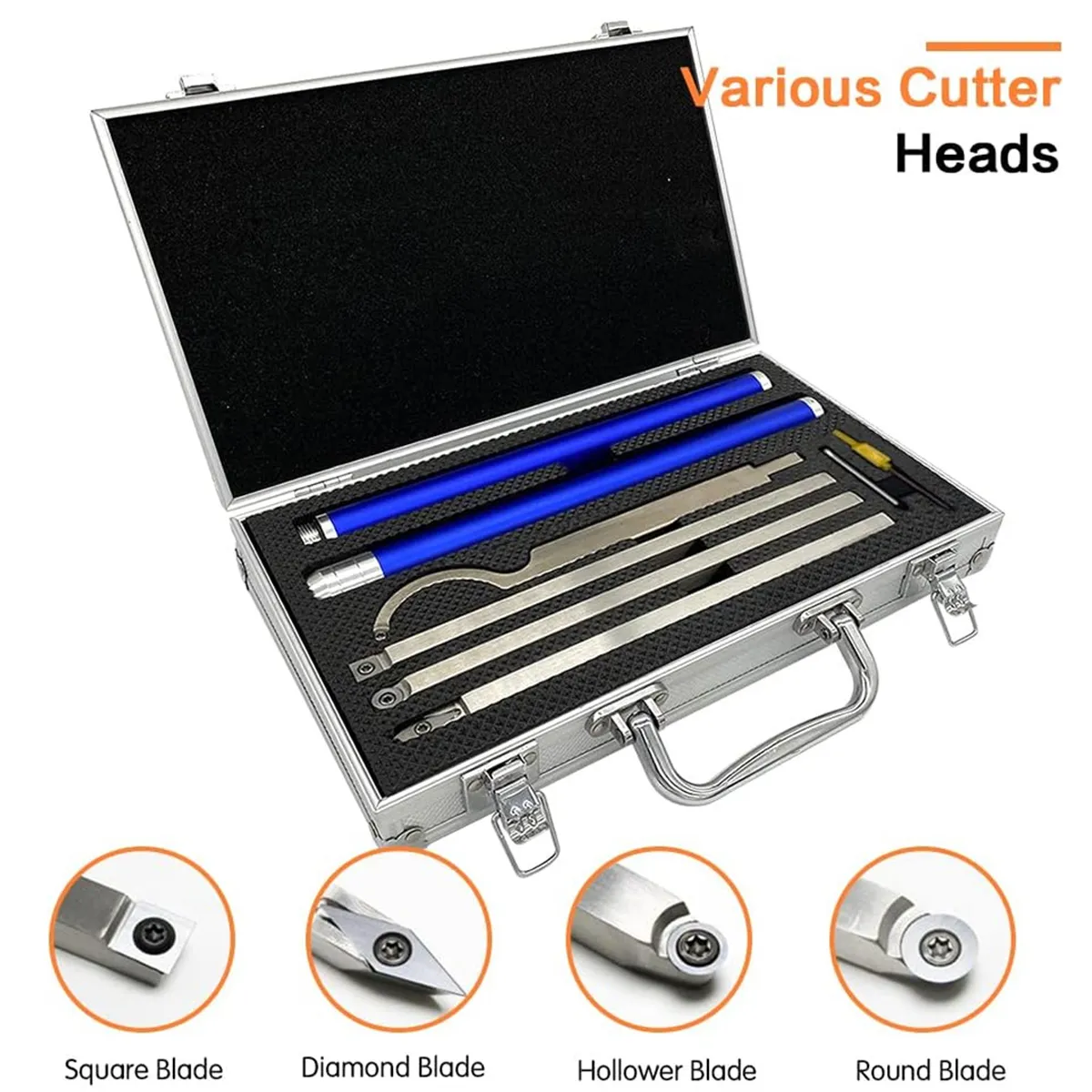 6 In 1 Carbide Tipped Wood Turning Tools Set Latest Lathe Rougher Finisher Swan Neck Hollowing Tools and Interchangeable Aluminum Alloy Grip Handle with Diamond Round Square Carbide Inserts