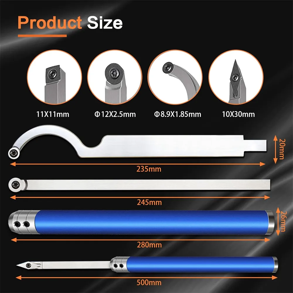 6 In 1 Carbide Tipped Wood Turning Tools Set Latest Lathe Rougher Finisher Swan Neck Hollowing Tools and Interchangeable Aluminum Alloy Grip Handle with Diamond Round Square Carbide Inserts