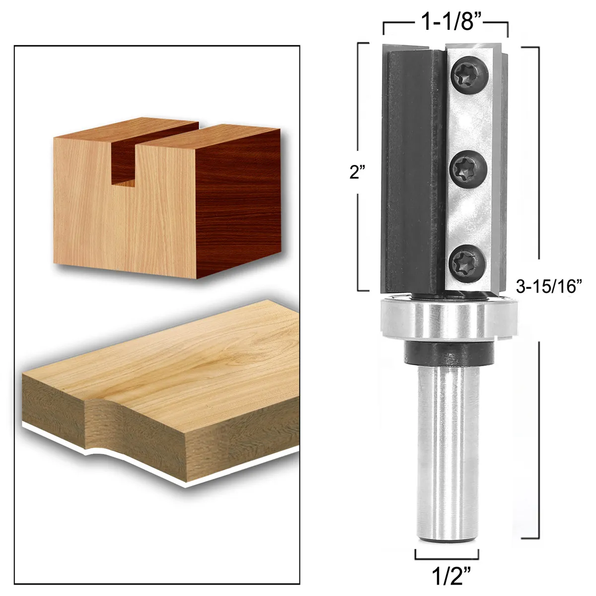 1/2 Inch 12mm Shank 3 Flutes Carbide Insert Flush Trim Router Bit Pattern Bit Top and Bottom Bearing Template Flush Cut Router Bit 1-1/8 / 28.6mm Cutting Diameter for Wood Trimming