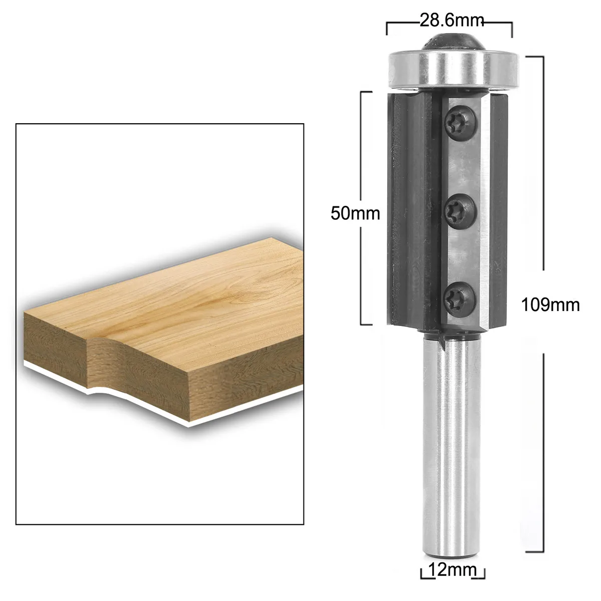 1/2 Inch 12mm Shank 3 Flutes Carbide Insert Flush Trim Router Bit Pattern Bit Top and Bottom Bearing Template Flush Cut Router Bit 1-1/8 / 28.6mm Cutting Diameter for Wood Trimming