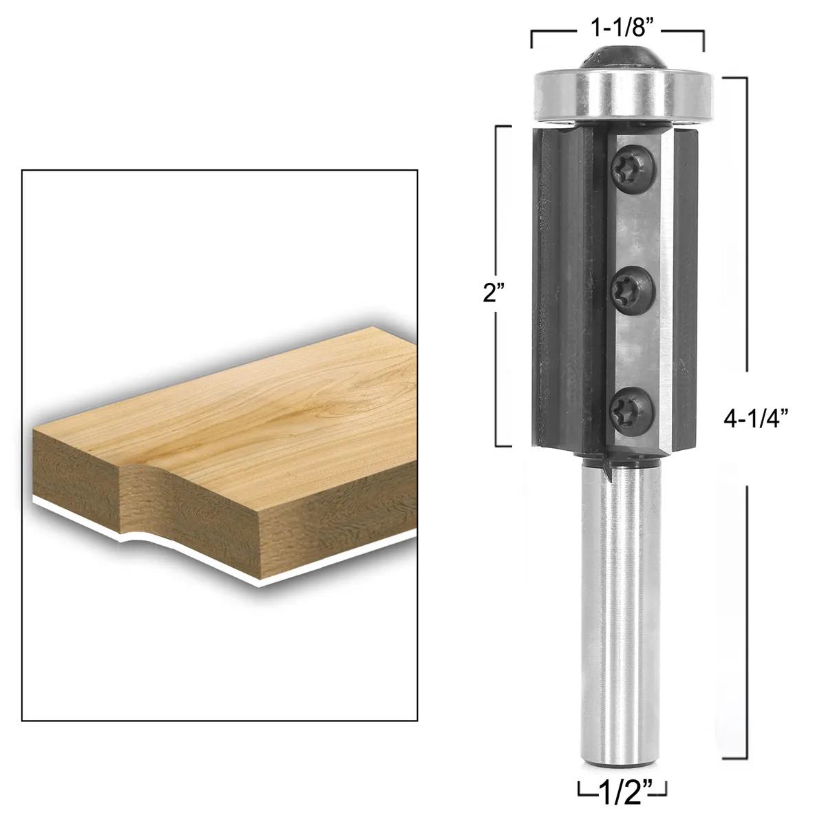 1/2 Inch 12mm Shank 3 Flutes Carbide Insert Flush Trim Router Bit Pattern Bit Top and Bottom Bearing Template Flush Cut Router Bit 1-1/8 / 28.6mm Cutting Diameter for Wood Trimming