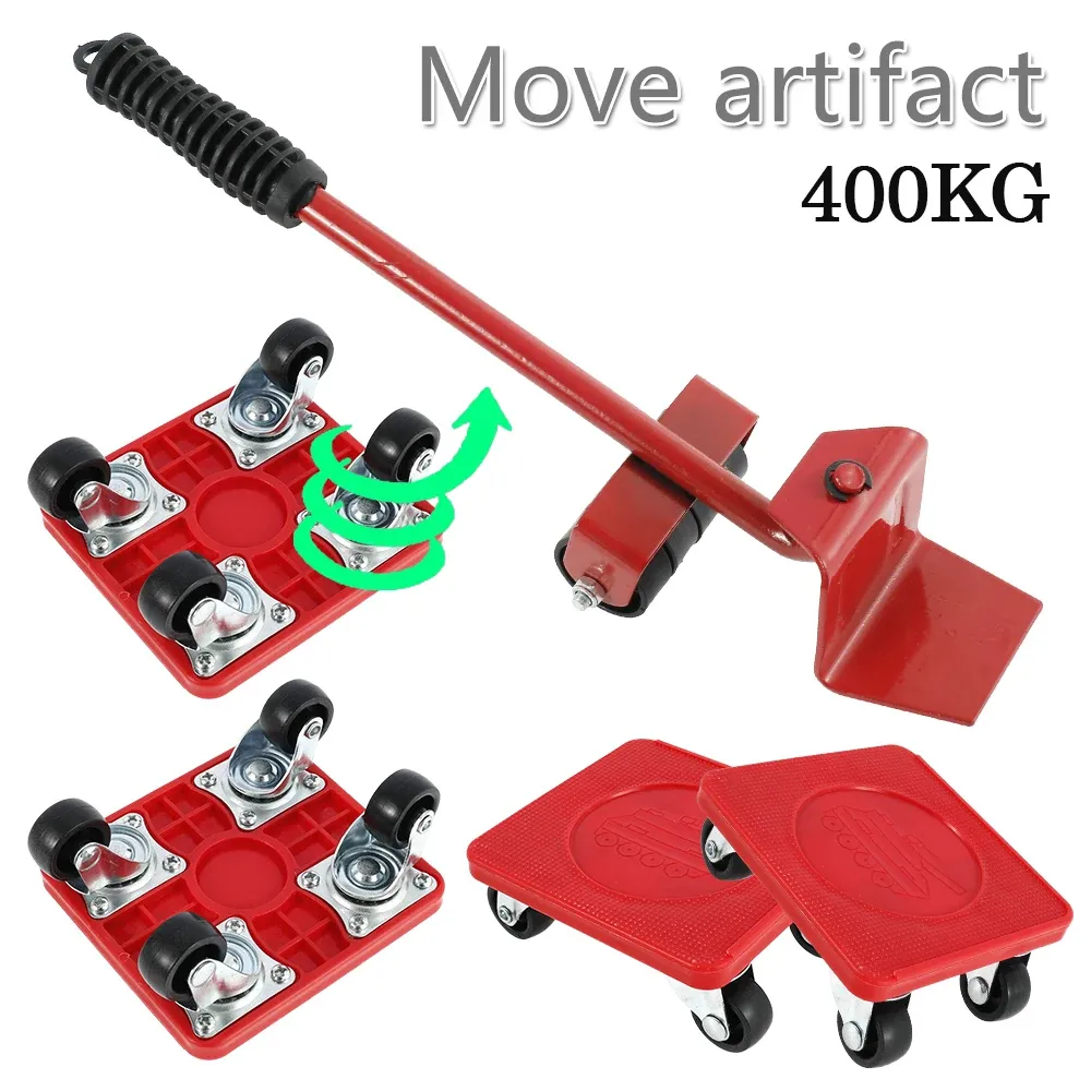 Furniture Lifter Mover Set with Universal Wheel Heavy Duty 400kg Capacity Red Compact Roller Bar Hand Tools for Easy Efficient Moving