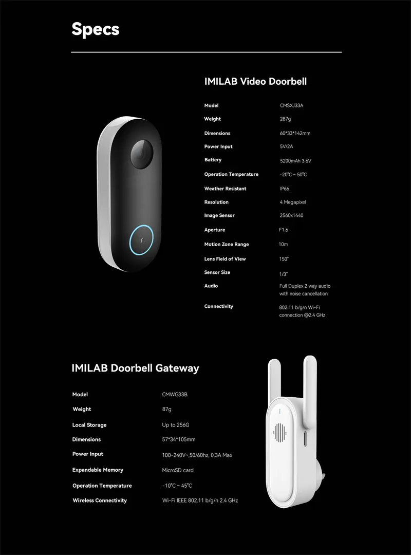 IMILAB 2.5K UHD Smart Video Doorbell 5200mAh Battery Security Camera Accurate Human Detection Local Storag Instant Alert Door Bell