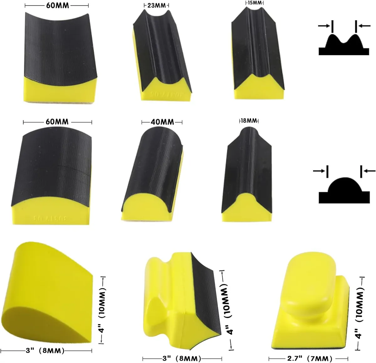 9PCS Hand Sanding Blocks Set Versatile Contoured Profile Yellow Durable Medium-Density Polyurethane Foam Convex and Concave Shapes Hook Loop Attachment for Auto Body Wood Furniture Sanding