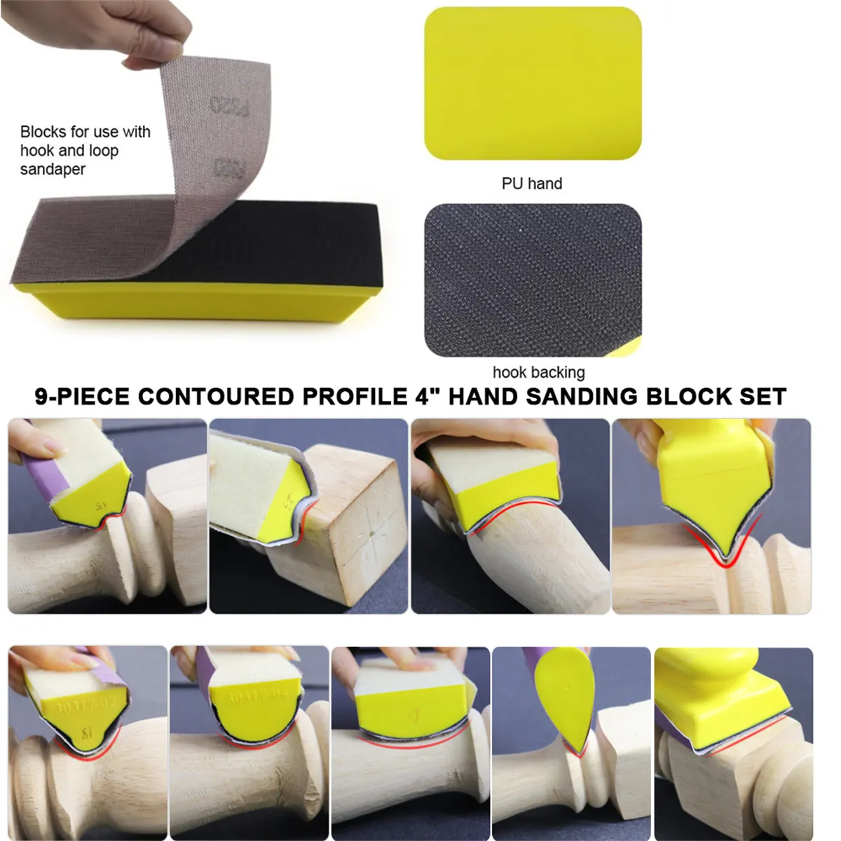 9PCS Hand Sanding Blocks Set Versatile Contoured Profile Yellow Durable Medium-Density Polyurethane Foam Convex and Concave Shapes Hook Loop Attachment for Auto Body Wood Furniture Sanding