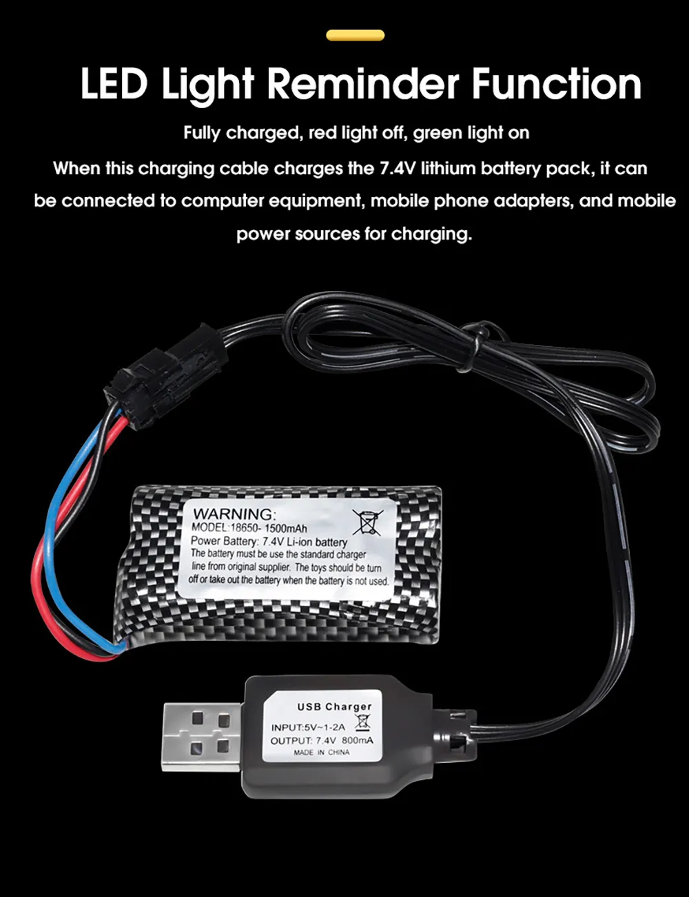 7.4V 800mAh USB Charge Cable SM-3P Positive Plug for LiPo Li-ion RC Toys Battery