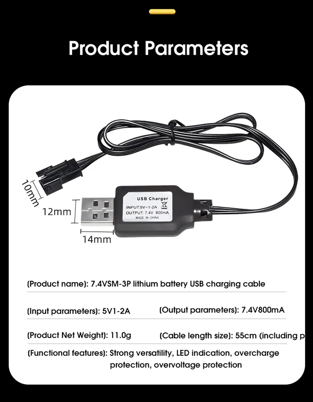 7.4V 800mAh USB Charge Cable SM-3P Positive Plug for LiPo Li-ion RC Toys Battery