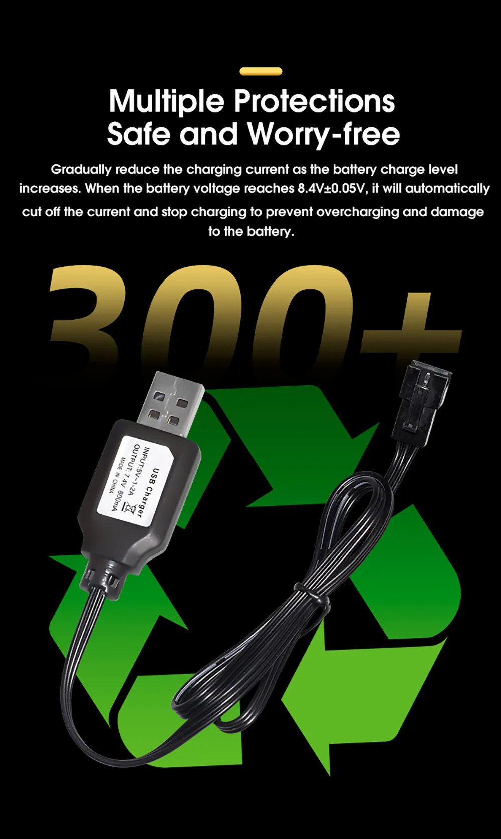 7.4V 800mAh USB Charge Cable SM-3P Positive Plug for LiPo Li-ion RC Toys Battery
