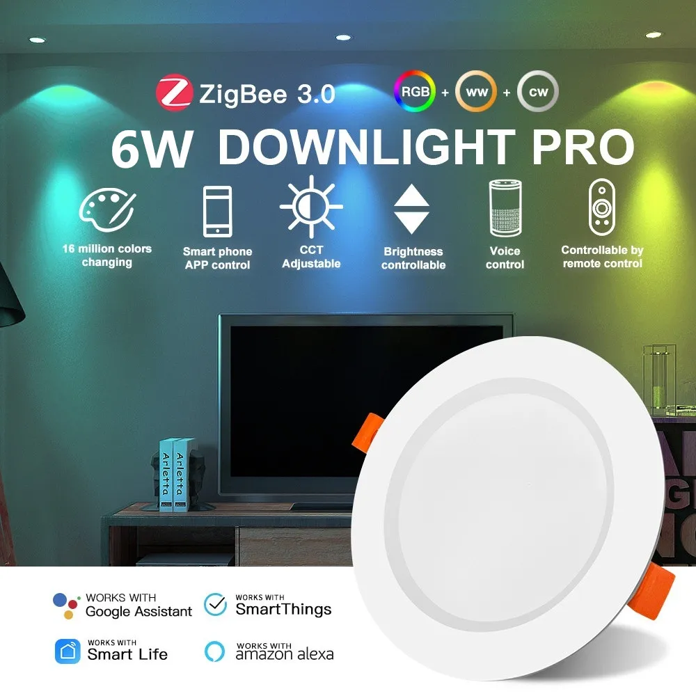 Smart LED Downlight 27mm Ultra Thin 6W RGB+CCT 2700K~6500K Compatible Zigbee 3.0 Smartthings Echo Alexa Google Home