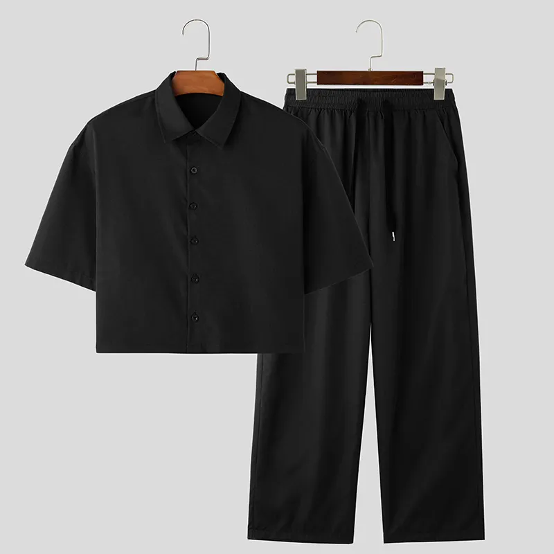 INCERUN Men Two Pieces Set Fashion Solid Color Short Shirt + Pants Summer Casual Daily Mens Clothing Set