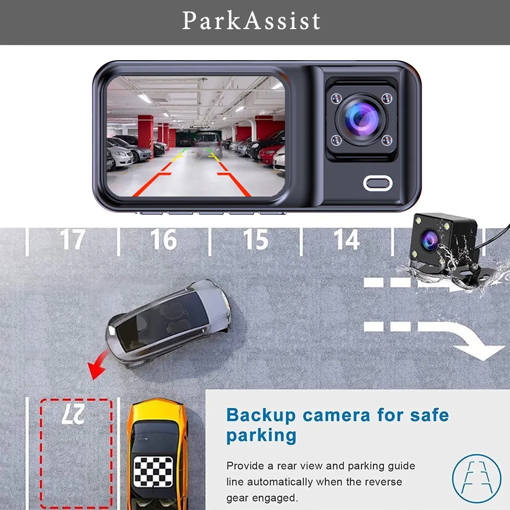 Full HD 1080P Car Front Windshield DVR Camera 3 Lens Dash Cam with Infrared Night Vision Parking Reverse Assistance