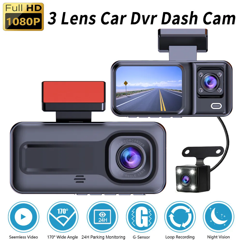 Full HD 1080P Car Front Windshield DVR Camera 3 Lens Dash Cam with Infrared Night Vision Parking Reverse Assistance