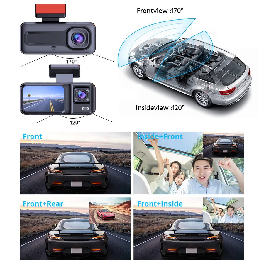 Full HD 1080P Car Front Windshield DVR Camera 3 Lens Dash Cam with Infrared Night Vision Parking Reverse Assistance