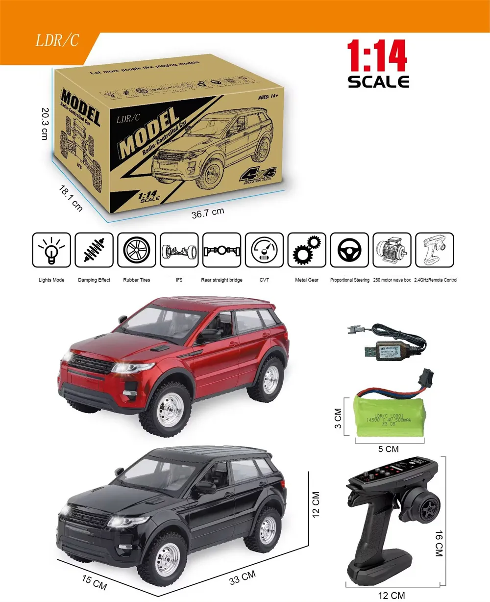 LDRC 1299 RTR 1/14 2.4G 4WD RC Car for Land Rover Off-Road Climbing Truck LED Light Full Proportional Vehicles SUV Models Toys